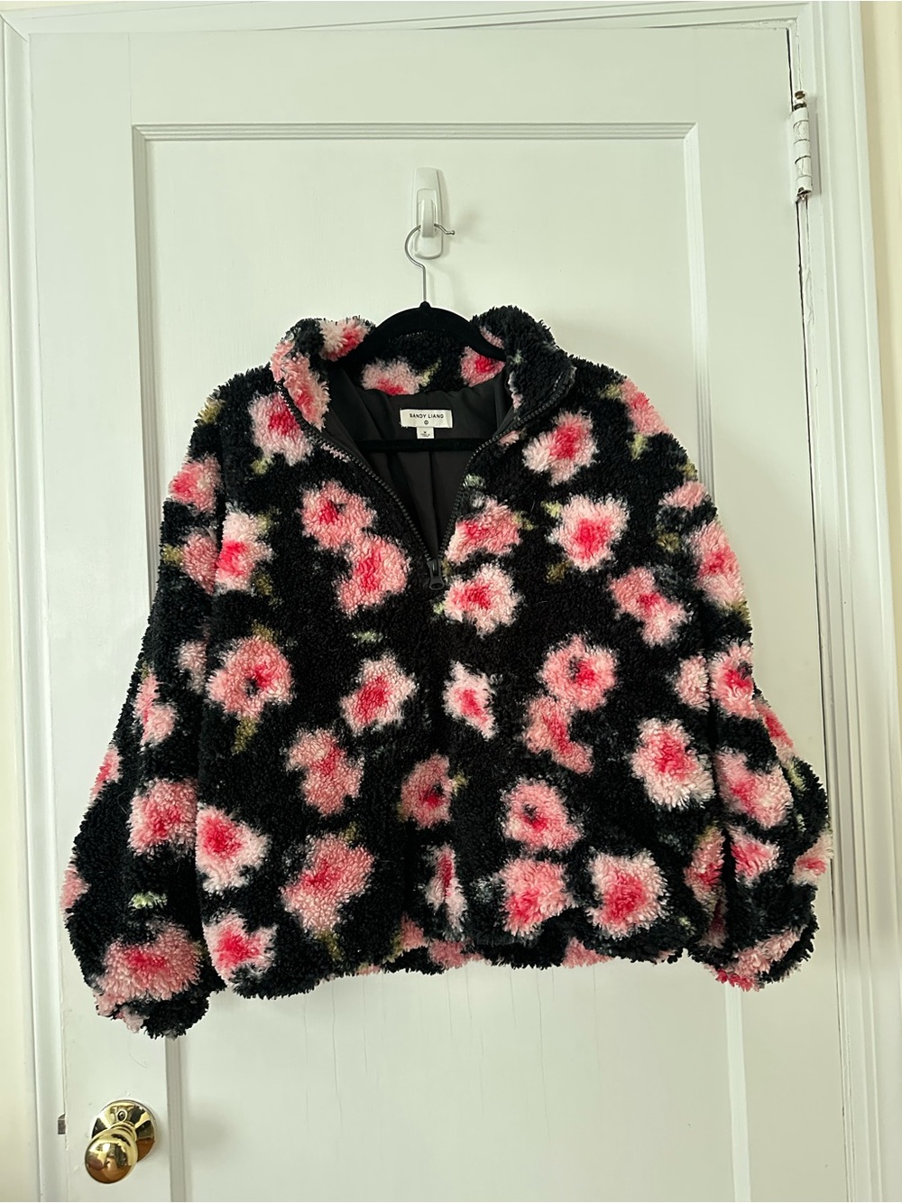 Sandy Liang Black Sherpa Jacket with Pink Floral Spots